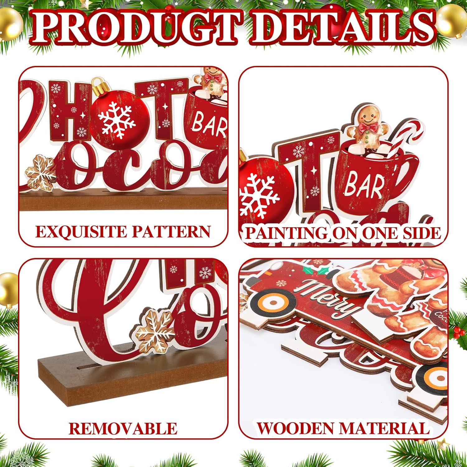 Gerrii 6 Pcs Christmas Table Decoration Wooden Hot Cocoa Table Sign Merry Christmas Gingerbread Man Tabletop Centerpiece Gift for Xmas Winter Coffee Bar Holiday Party Home Desk Shelf